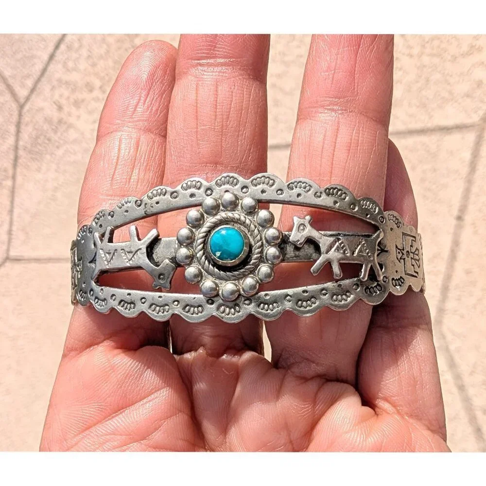 VTG Navajo Nickel Silver & Turquoise Cuff Bracelet Stamped Horses 15.8g Native A